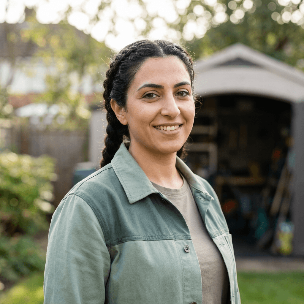 Female healthcare professional in her mid 30s, Middle Eastern, warm professional demeanor in bright setting
