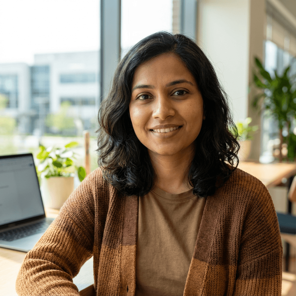 Female professional in her early 30s, South Asian, warm smile in casual office setting