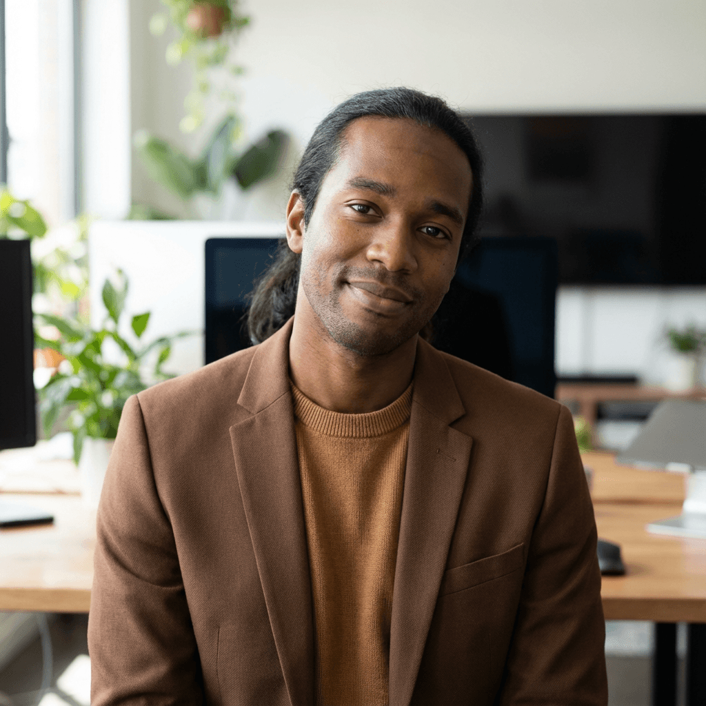 Male business professional in his early 40s, white, confident and friendly smile in modern office