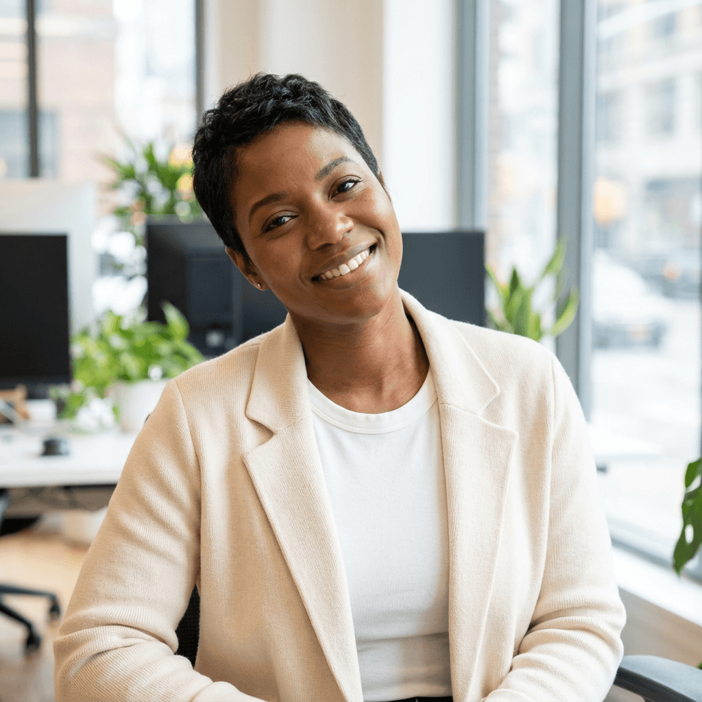 female professional in her early 30s White smiling in office setting