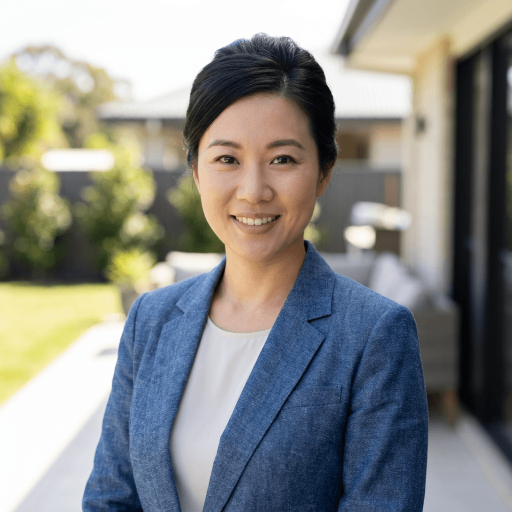 Sarah L. in a business casual blazer by a car