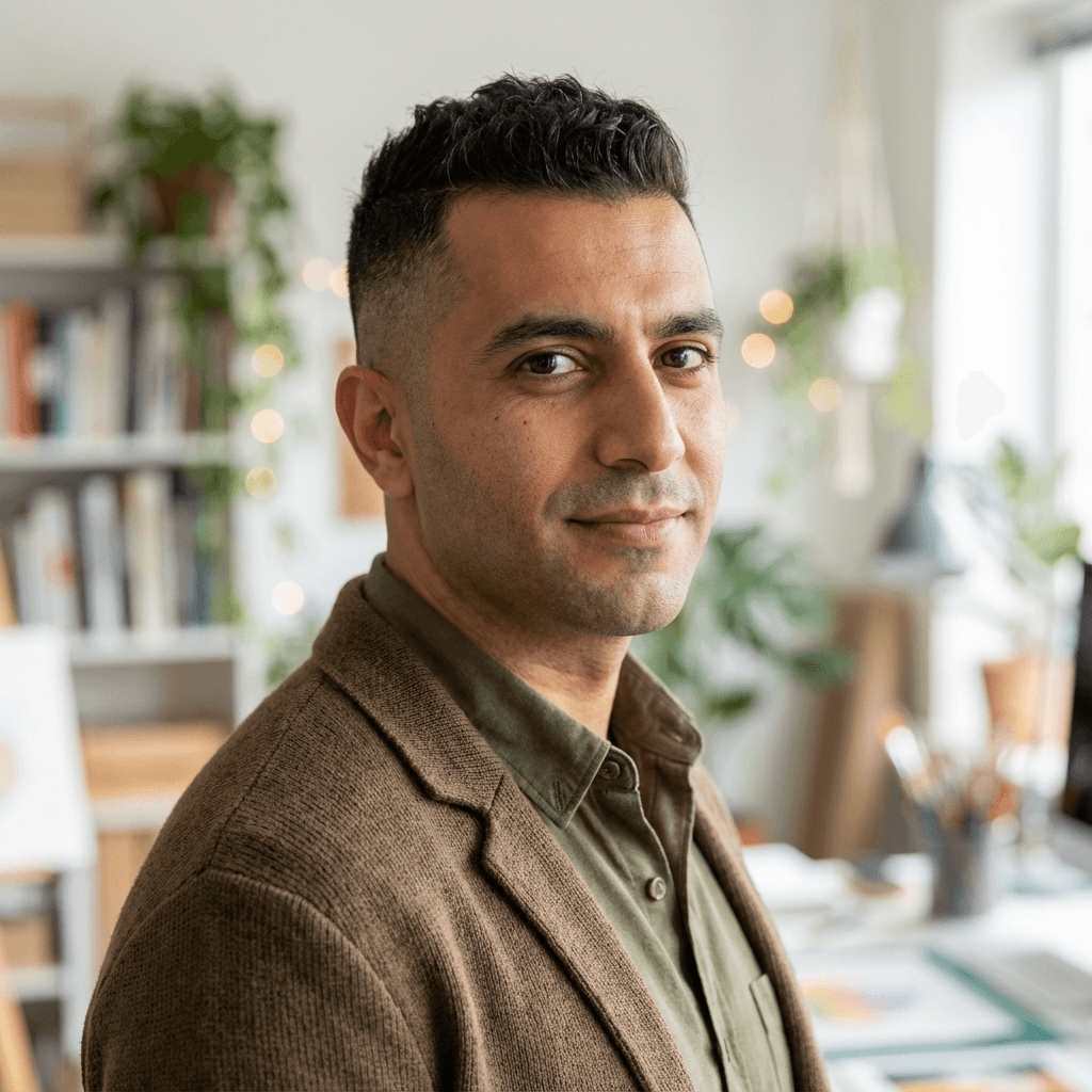 Male creative professional in his late 20s, white, casual and friendly look in outdoor urban setting