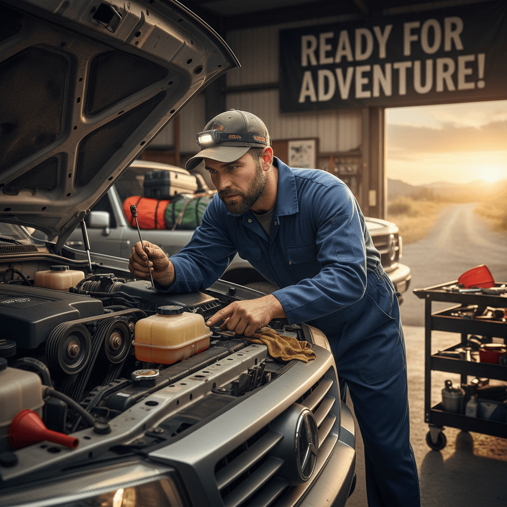 Mechanic under hood checking belts and fluids before road trip