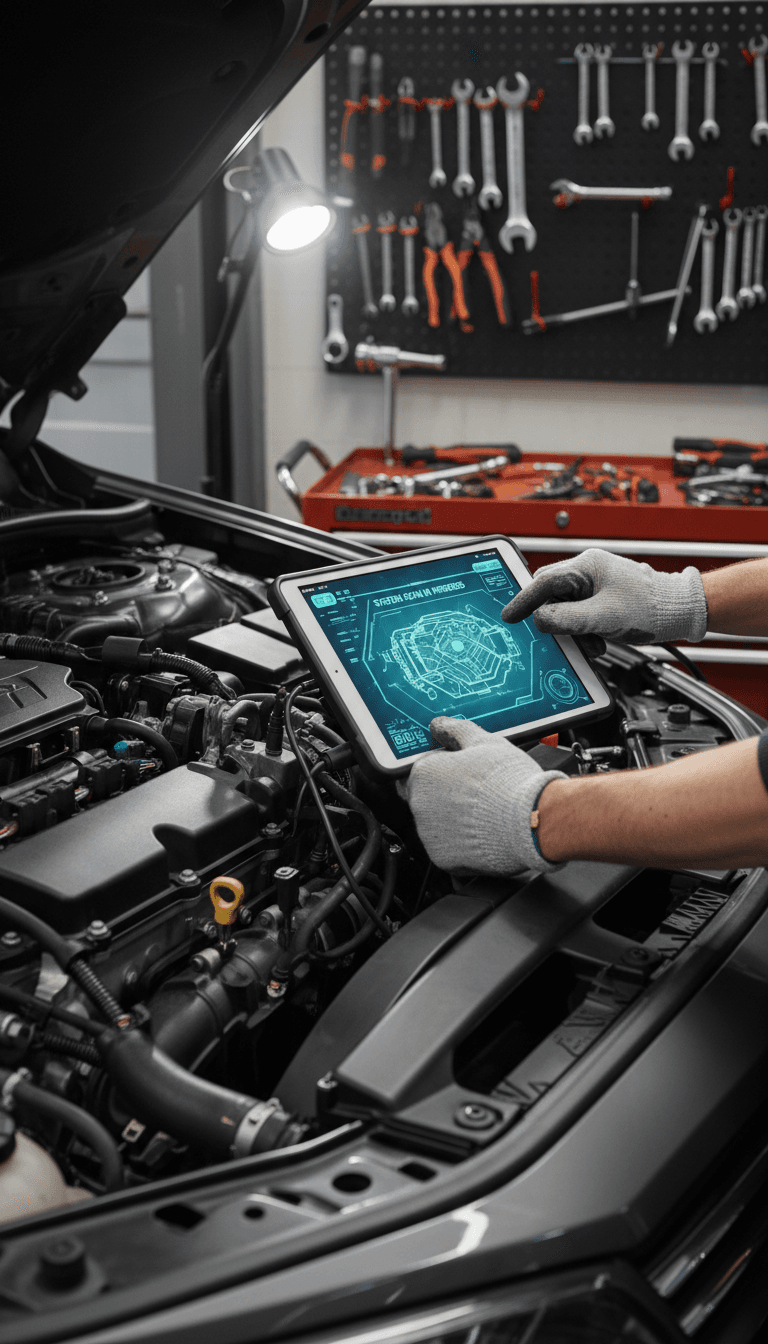 Mechanic using a diagnostic tool on a car engine