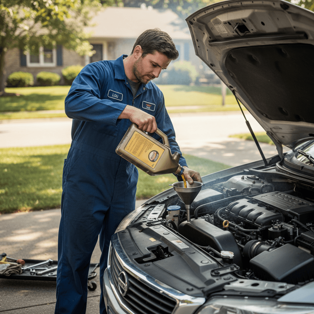 Mechanic pouring fresh oil into car engine during routine service on driveway