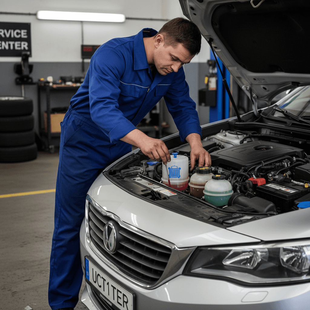 Mechanic checking multiple fluid reservoirs under open hood of car