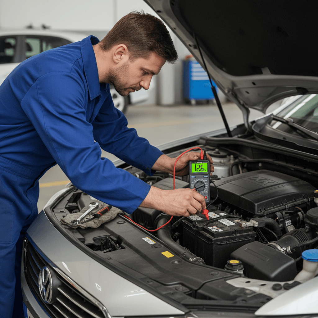 Mechanic testing car battery with multimeter under hood