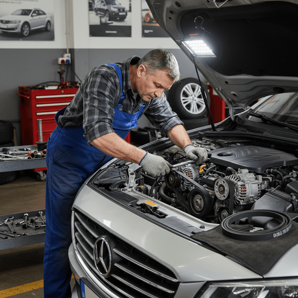 Mechanic inspecting or replacing serpentine belt under car hood
