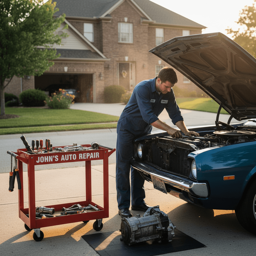 Mechanic working under the hood of a car in a driveway