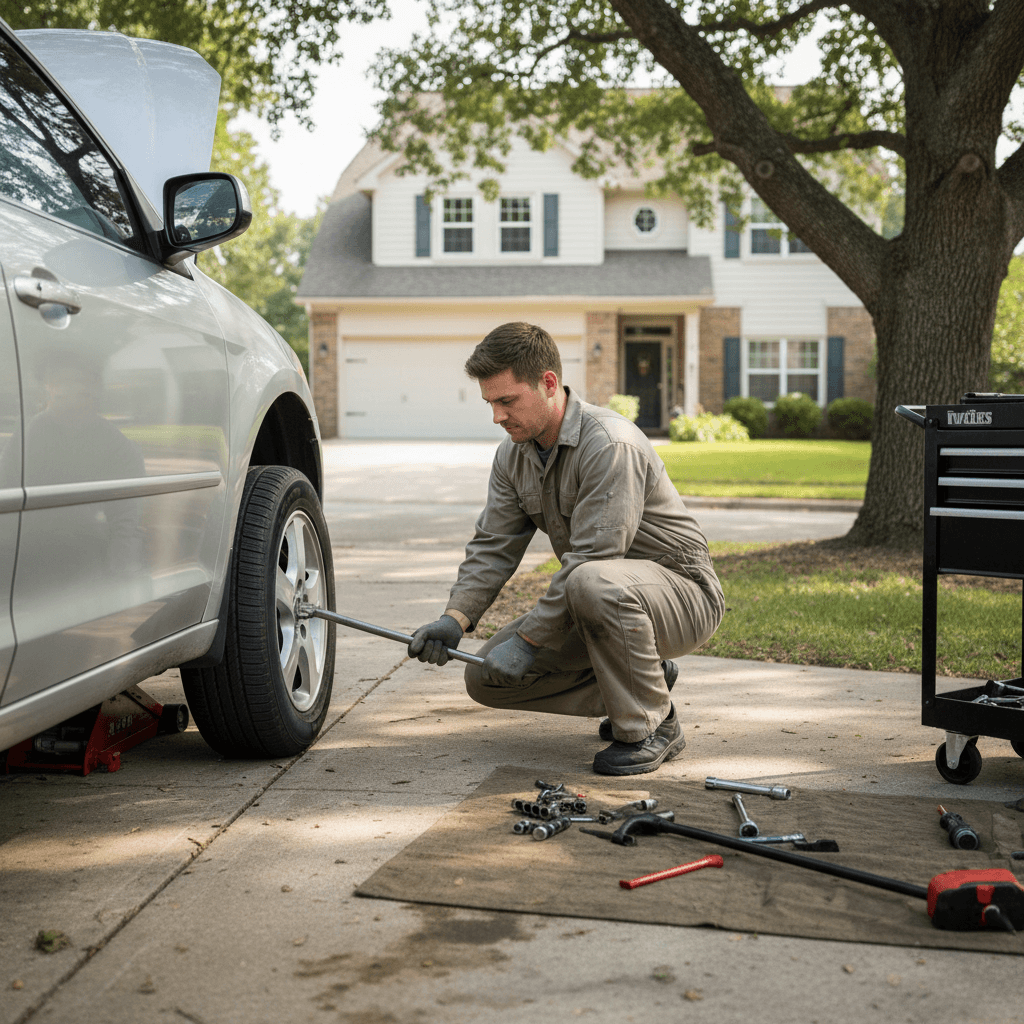 Mechanic changing tire on car with lug wrench in driveway