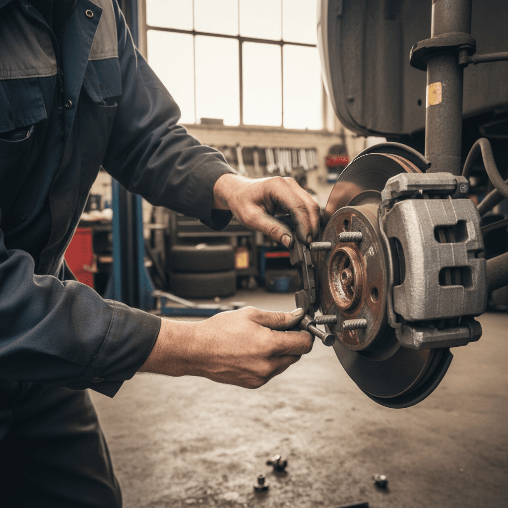 Mechanic showing printed brake repair estimate to car owner