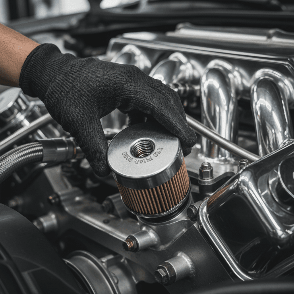 Close up of mechanic installing new oil filter on car engine