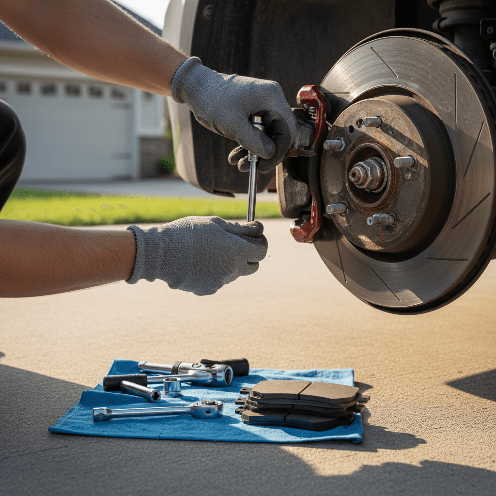 Mechanic replacing brake pads and rotors on a car wheel in outdoor driveway