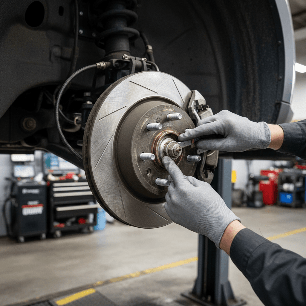 Mechanic inspecting car brake caliper and rotor at roadside location