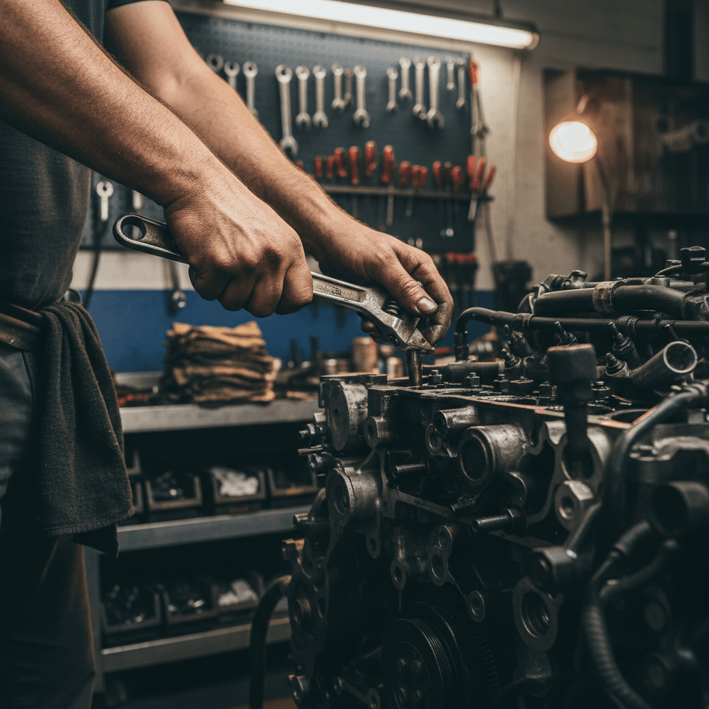 Close up of mechanic hands with wrench and toolbox, street side