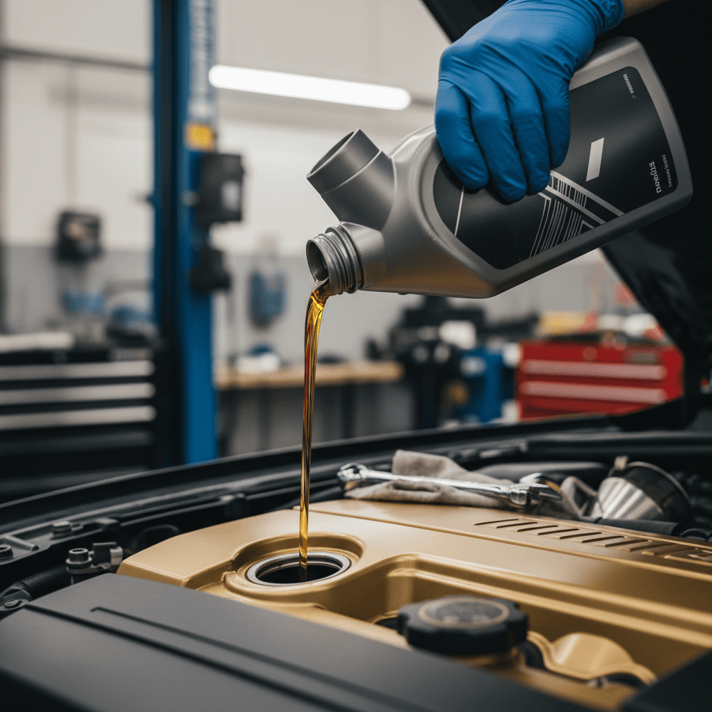 Mechanic pouring clean motor oil into car engine