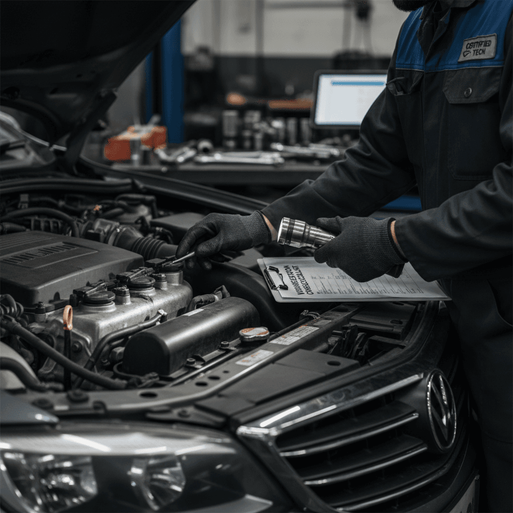 mechanic inspecting under the hood of a car parked on a city street