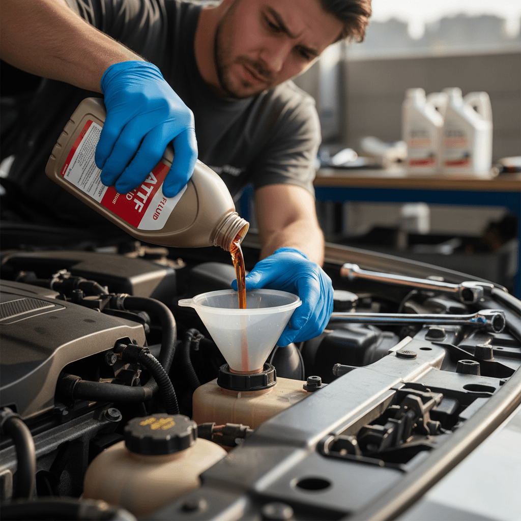 Mechanic pouring brake fluid into car reservoir under hood