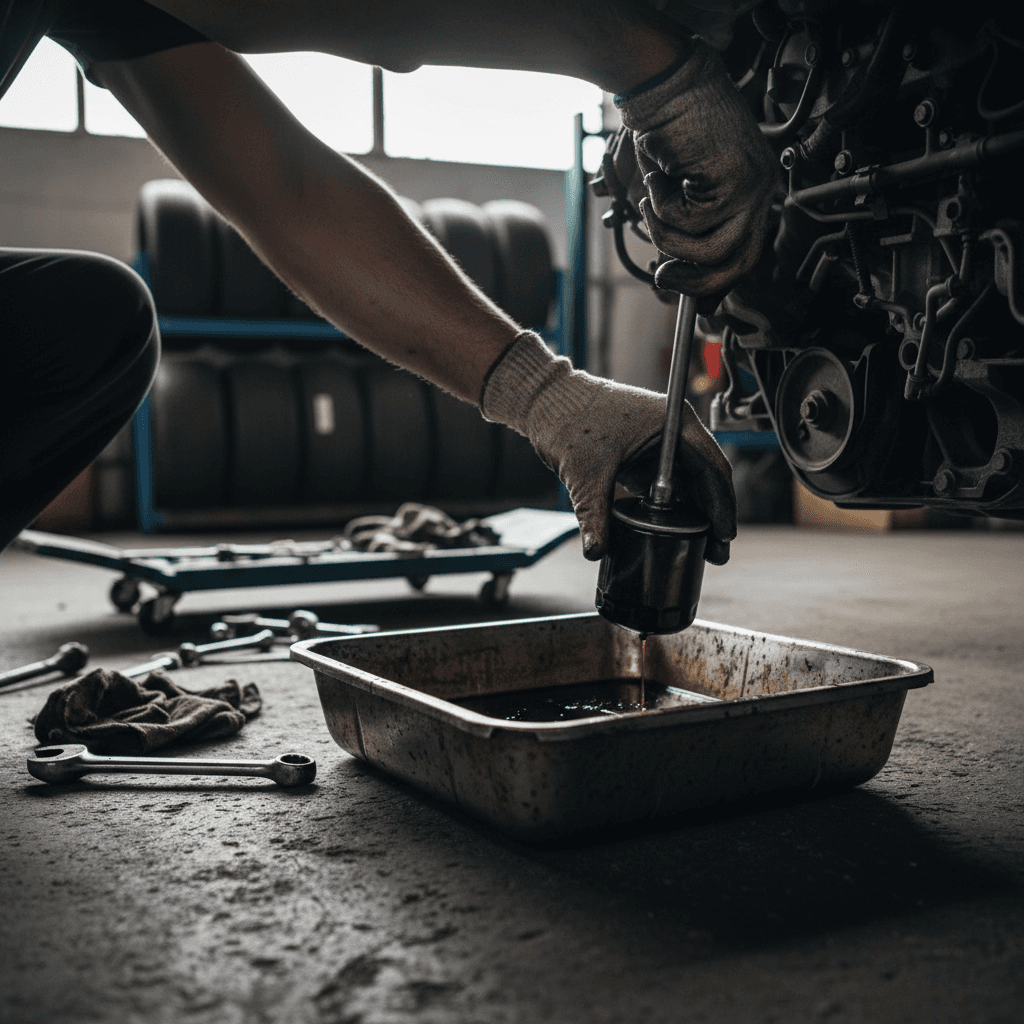 Mechanic checking oil dipstick under car hood in residential driveway