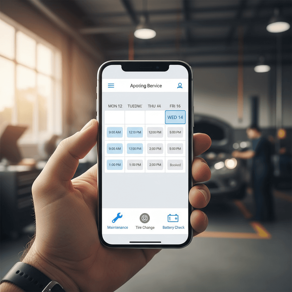 Smartphone showing mobile mechanic appointment booking screen