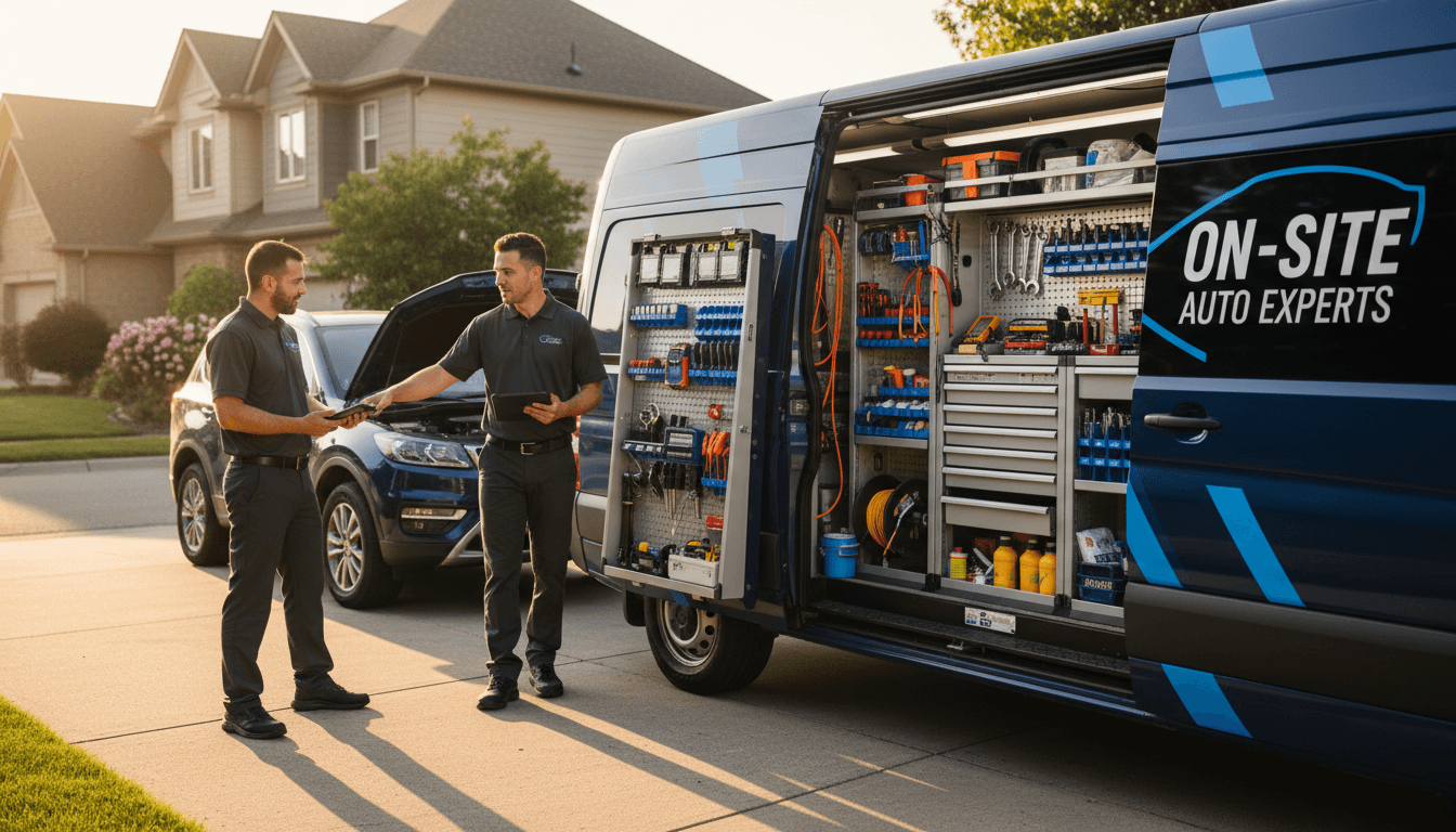 Mobile mechanic van parked by car in residential street during daytime