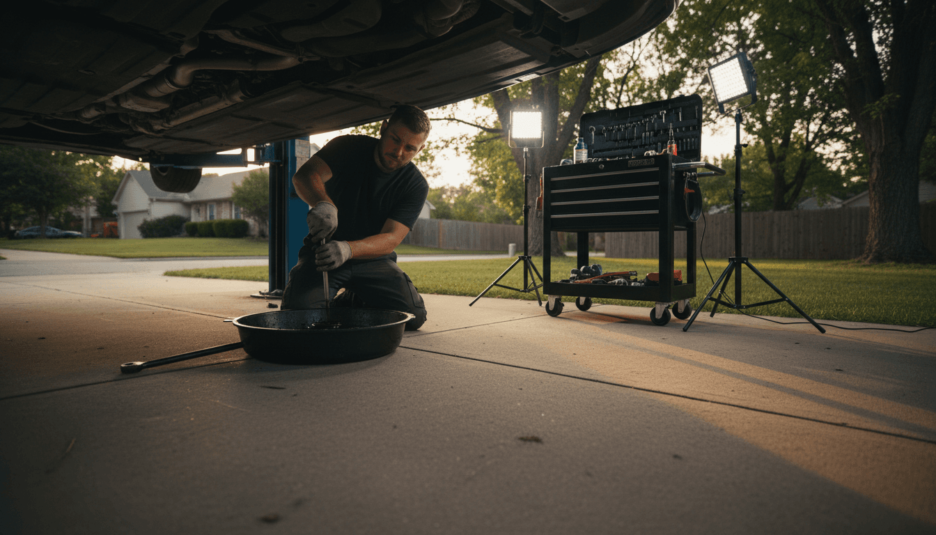 mobile mechanic working on car engine in residential driveway