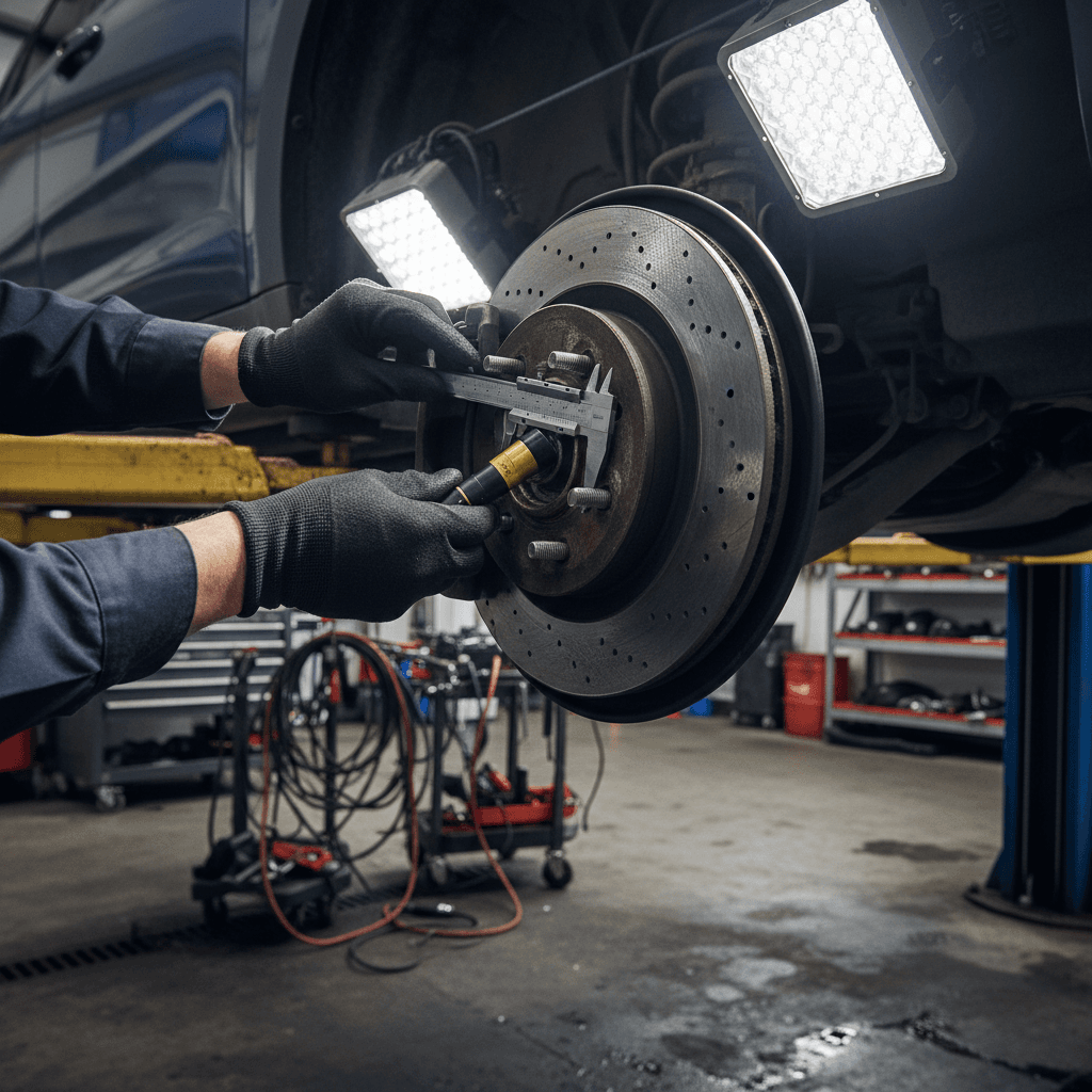 Mechanic diagnosing car brake noise with stethoscope in wheel well