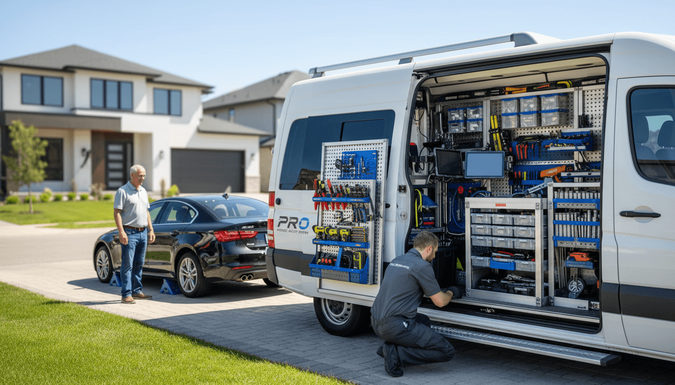 Mobile mechanic working under hood of car in residential driveway with tools laid out