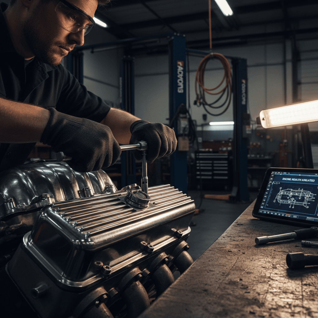 Mechanic working on car engine in driveway with tools, professional setting